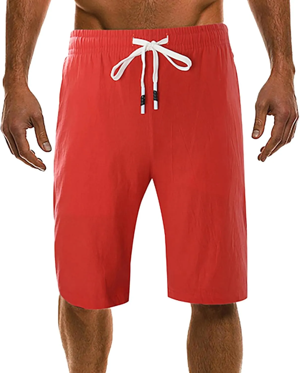 Men's Linen Shorts 11 Inch Inseam Flat Front Elastic Waist Shorts Casual Drawstring Casual Athletic Lounge Wide Leg Shorts