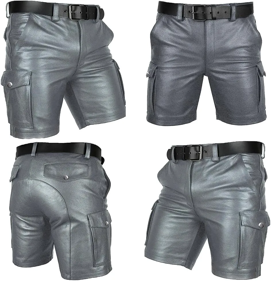 Men's Real Leather Belted Cargo Shorts Club Wear Shorts Casual Shorts with Pockets