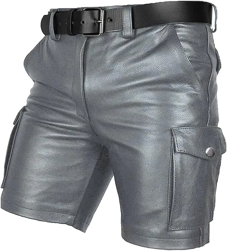 Men's Real Leather Belted Cargo Shorts Club Wear Shorts Casual Shorts with Pockets
