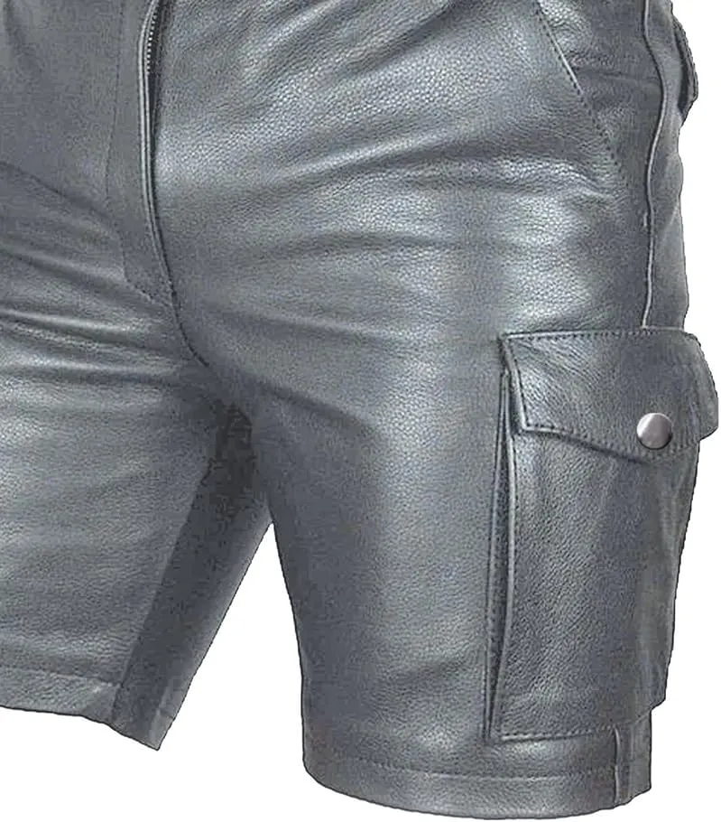 Men's Real Leather Belted Cargo Shorts Club Wear Shorts Casual Shorts with Pockets