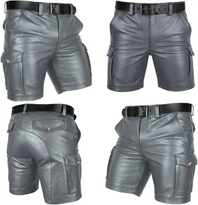 Men's Real Leather Belted Cargo Shorts Club Wear Shorts Casual Shorts with Pockets