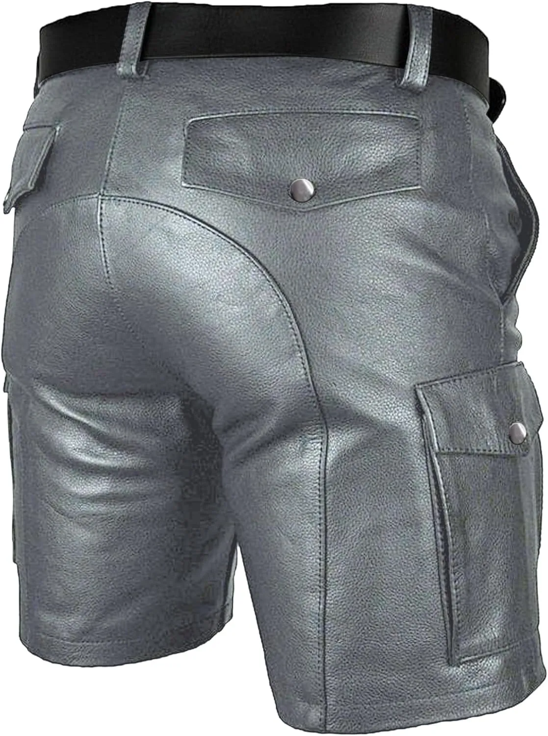 Men's Real Leather Belted Cargo Shorts Club Wear Shorts Casual Shorts with Pockets