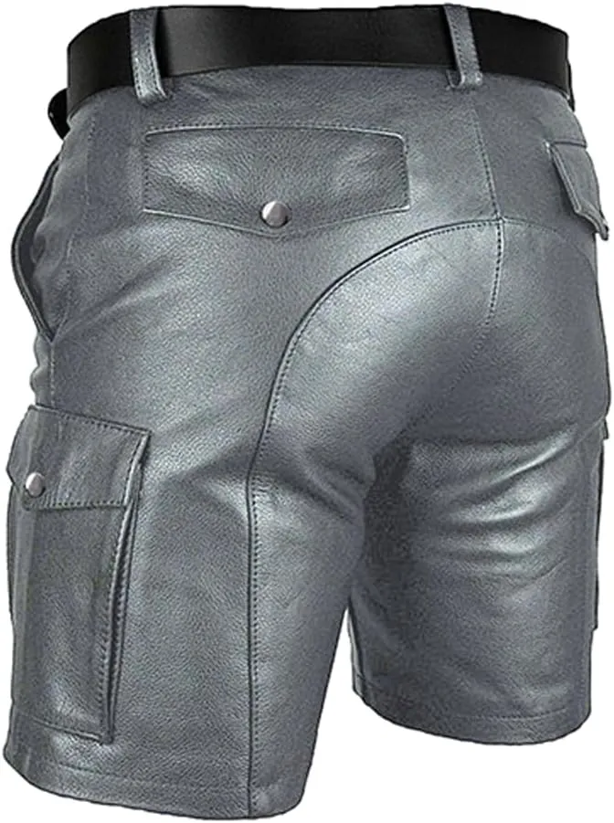 Men's Real Leather Belted Cargo Shorts Club Wear Shorts Casual Shorts with Pockets
