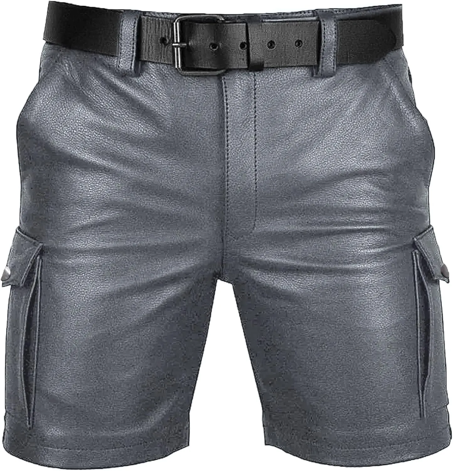 Men's Real Leather Belted Cargo Shorts Club Wear Shorts Casual Shorts with Pockets