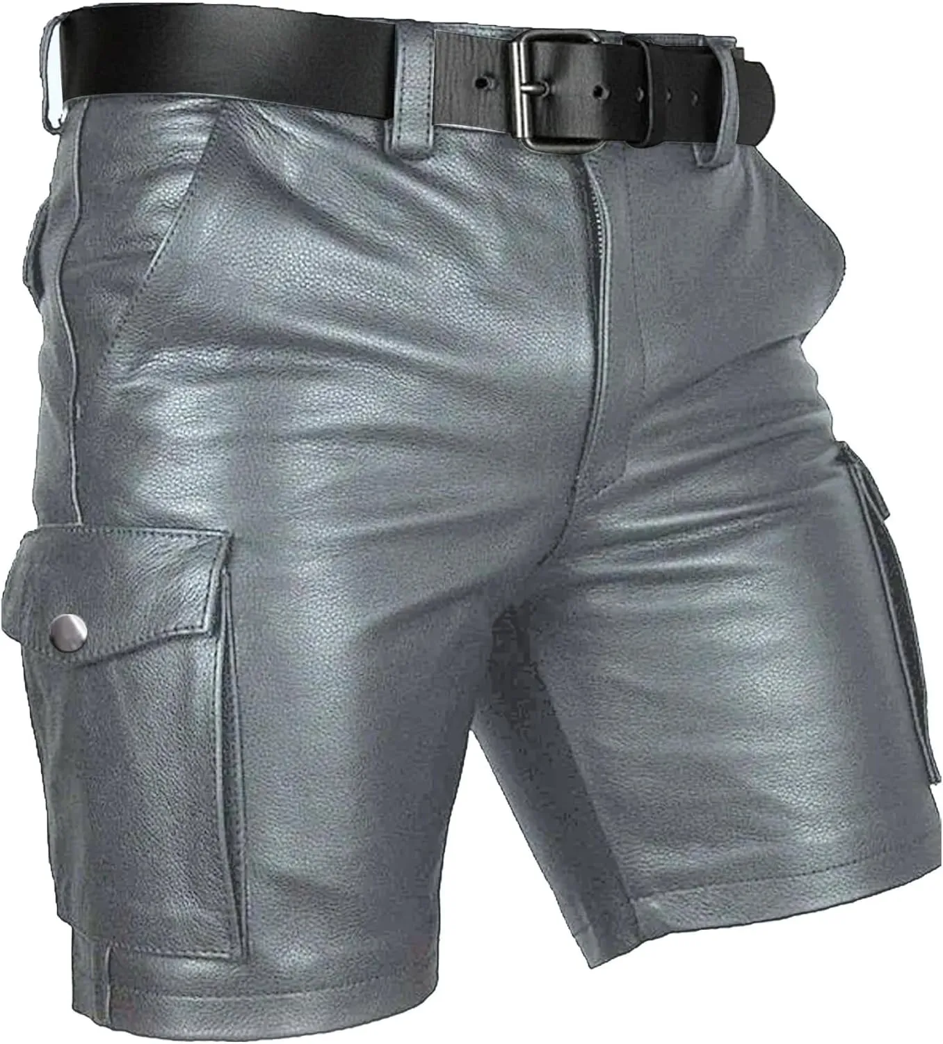Men's Real Leather Belted Cargo Shorts Club Wear Shorts Casual Shorts with Pockets