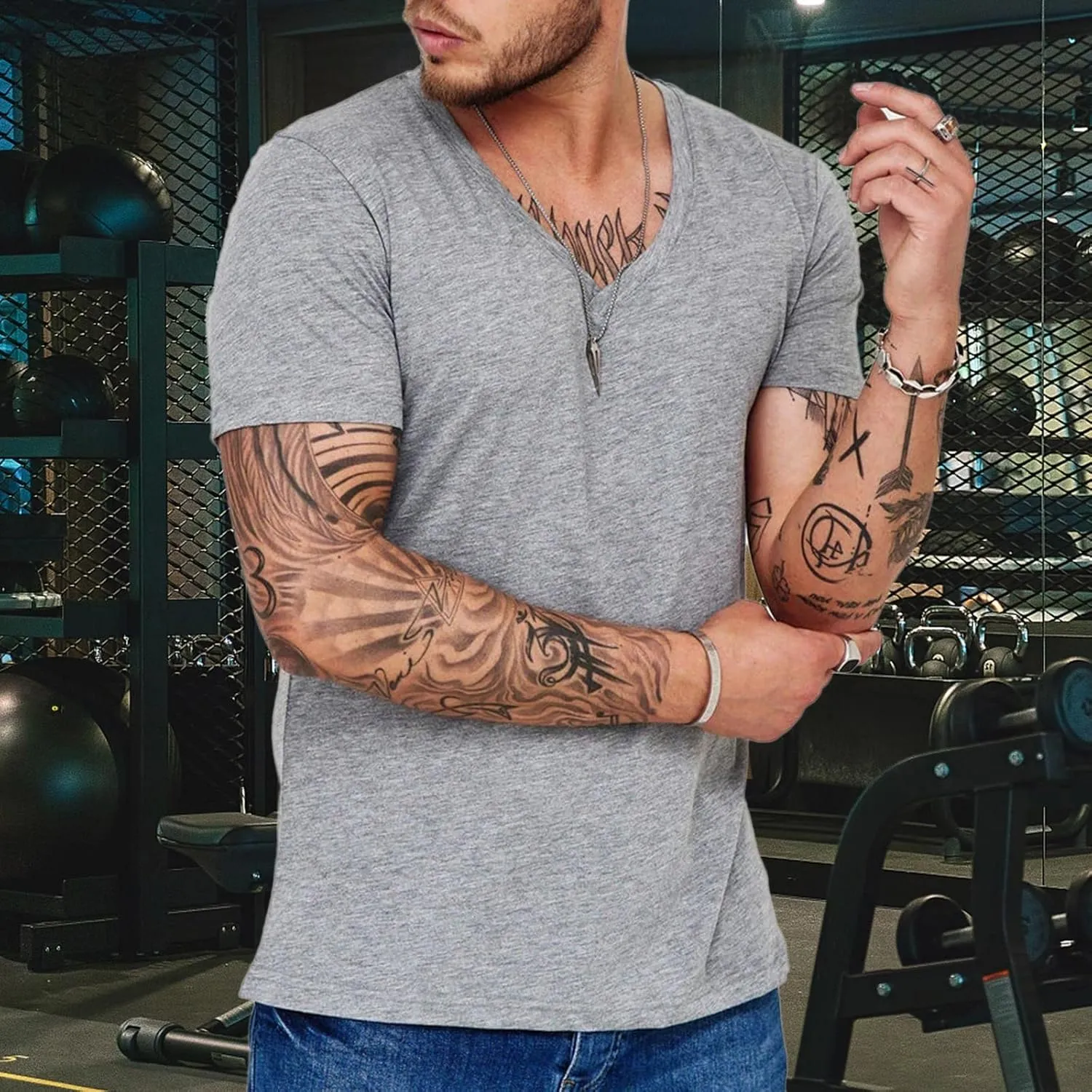 Men's Workout V Neck T Shirt Short Sleeve Breathable Stretch Athletic Training Muscle Shirt Moisture Wicking Gym Active Wear