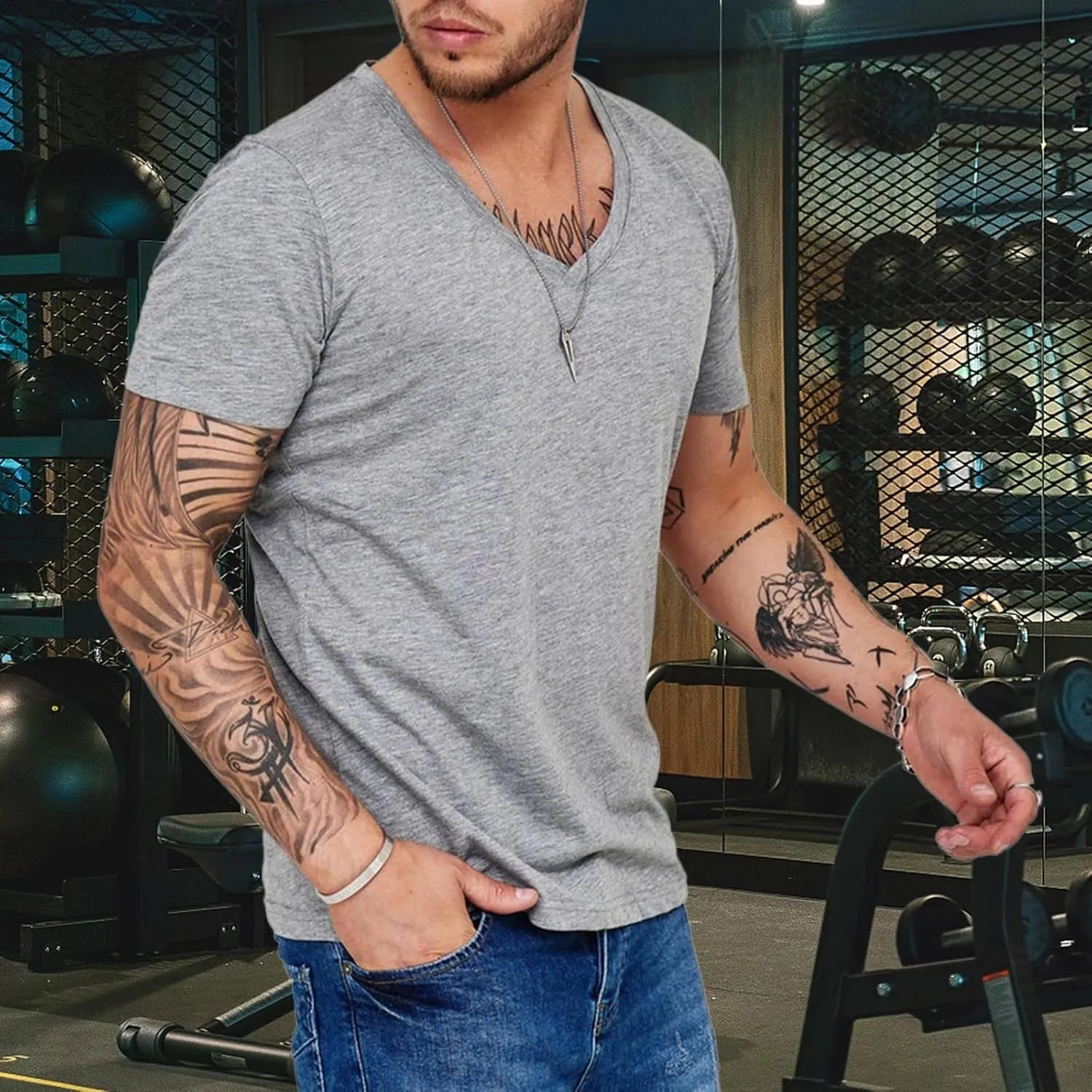 Men's Workout V Neck T Shirt Short Sleeve Breathable Stretch Athletic Training Muscle Shirt Moisture Wicking Gym Active Wear