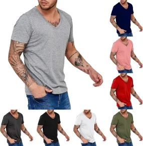 Men's Workout V Neck T Shirt Short Sleeve Breathable Stretch Athletic Training Muscle Shirt Moisture Wicking Gym Active Wear
