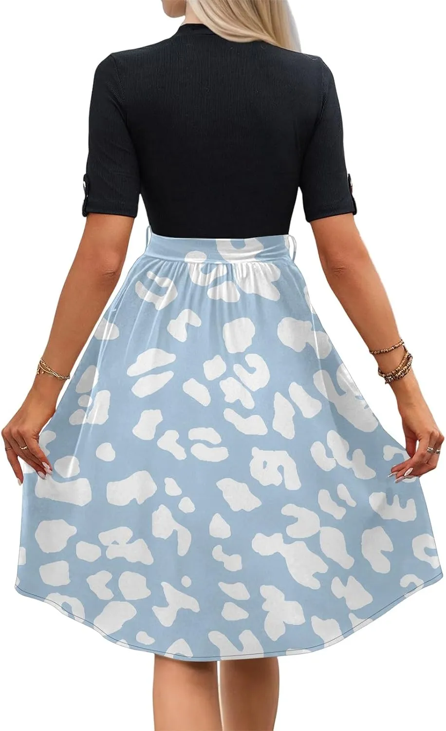 Modest Summer Dresses for Women Floral Patchwork Elegant Wrap Mock Neck Short Sleeve Tie Waist Aline Midi Dress,S-2XL