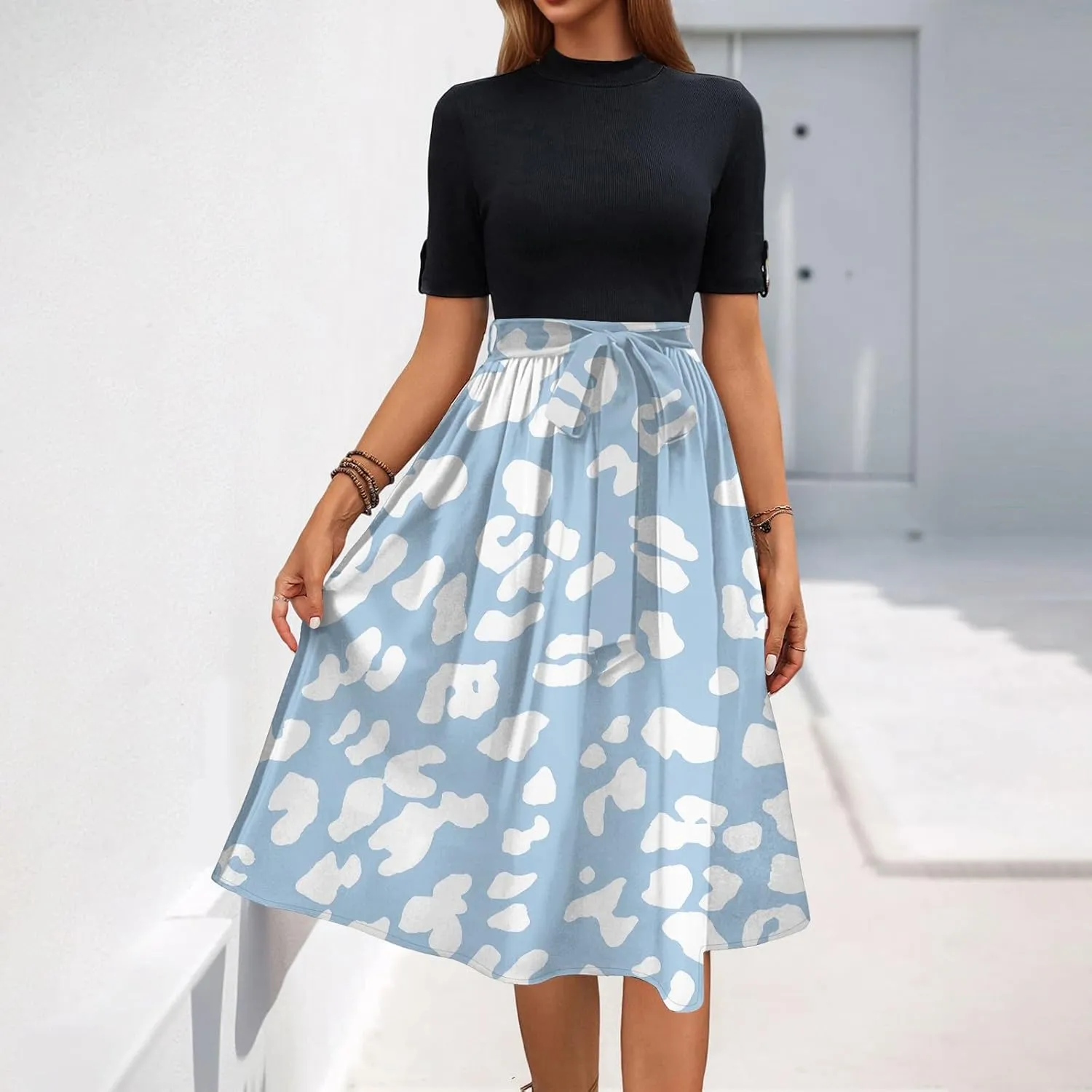 Modest Summer Dresses for Women Floral Patchwork Elegant Wrap Mock Neck Short Sleeve Tie Waist Aline Midi Dress,S-2XL