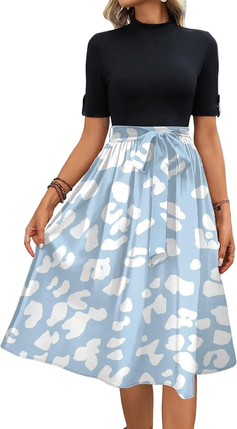 Modest Summer Dresses for Women Floral Patchwork Elegant Wrap Mock Neck Short Sleeve Tie Waist Aline Midi Dress,S-2XL