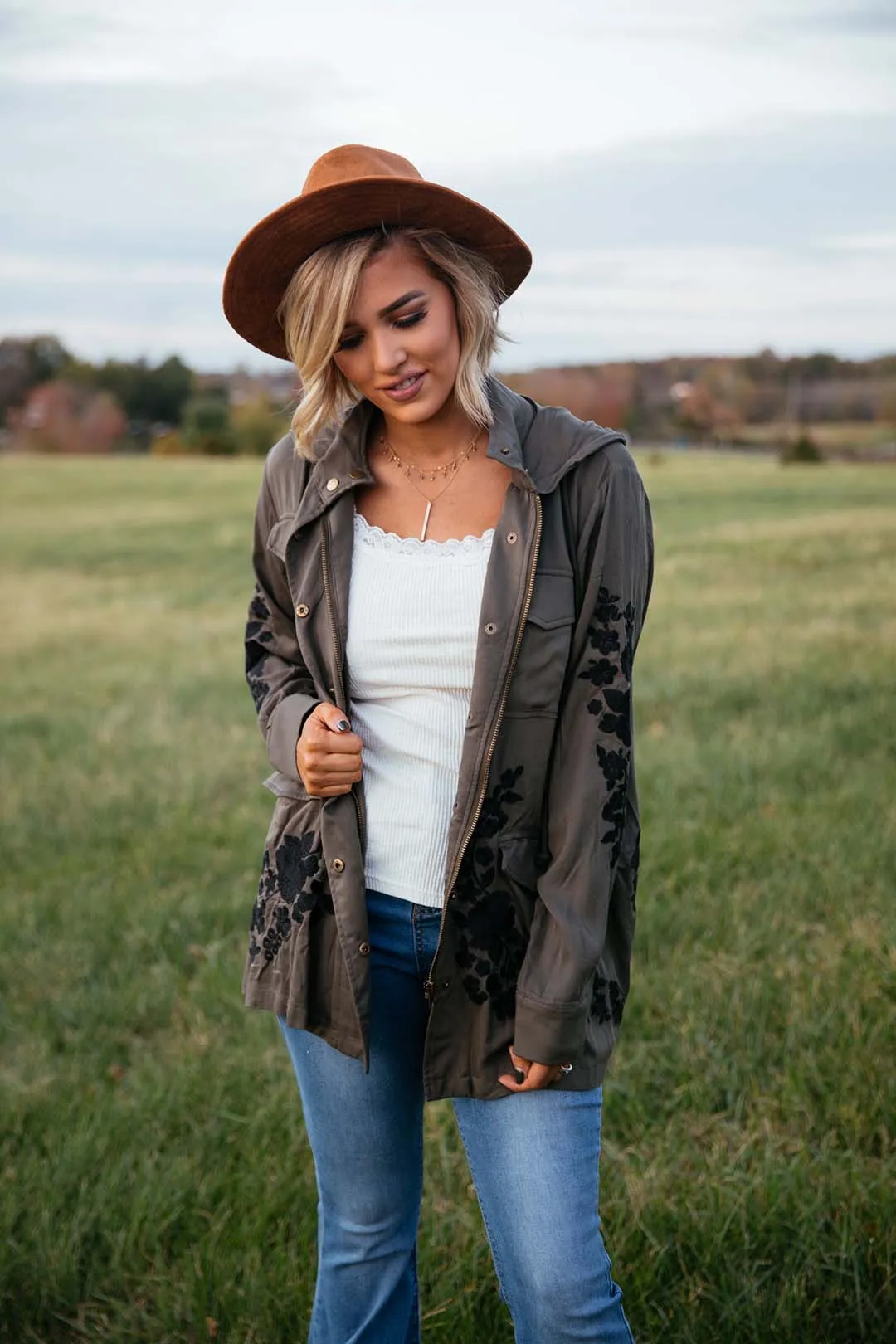 Oaklyn Embroidered Olive Green Utility Jacket