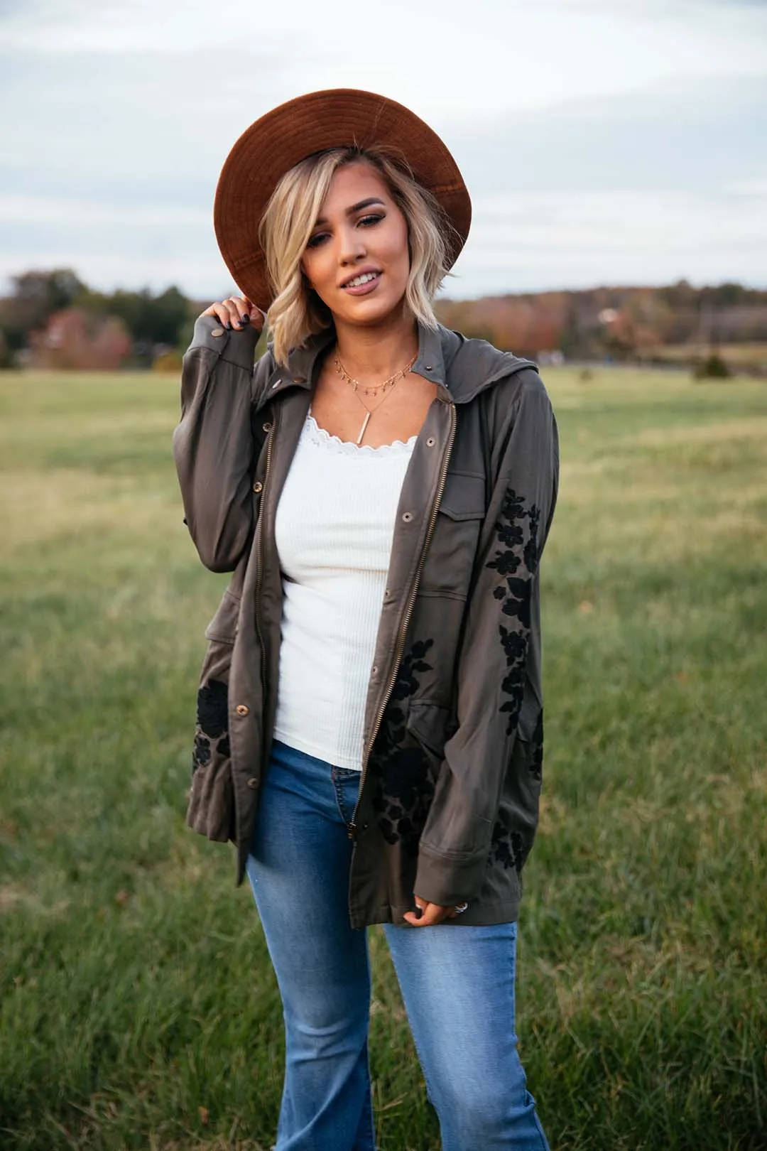Oaklyn Embroidered Olive Green Utility Jacket