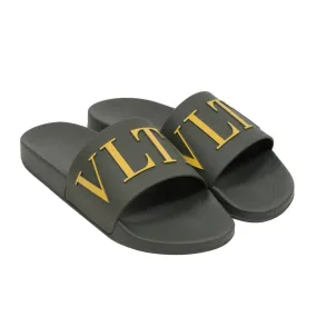 Olive Green Yellow VLTN Logo Sandals Flip Flops