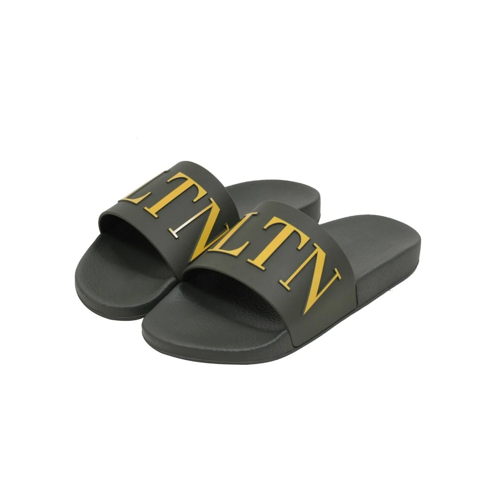 Olive Green Yellow VLTN Logo Sandals Flip Flops
