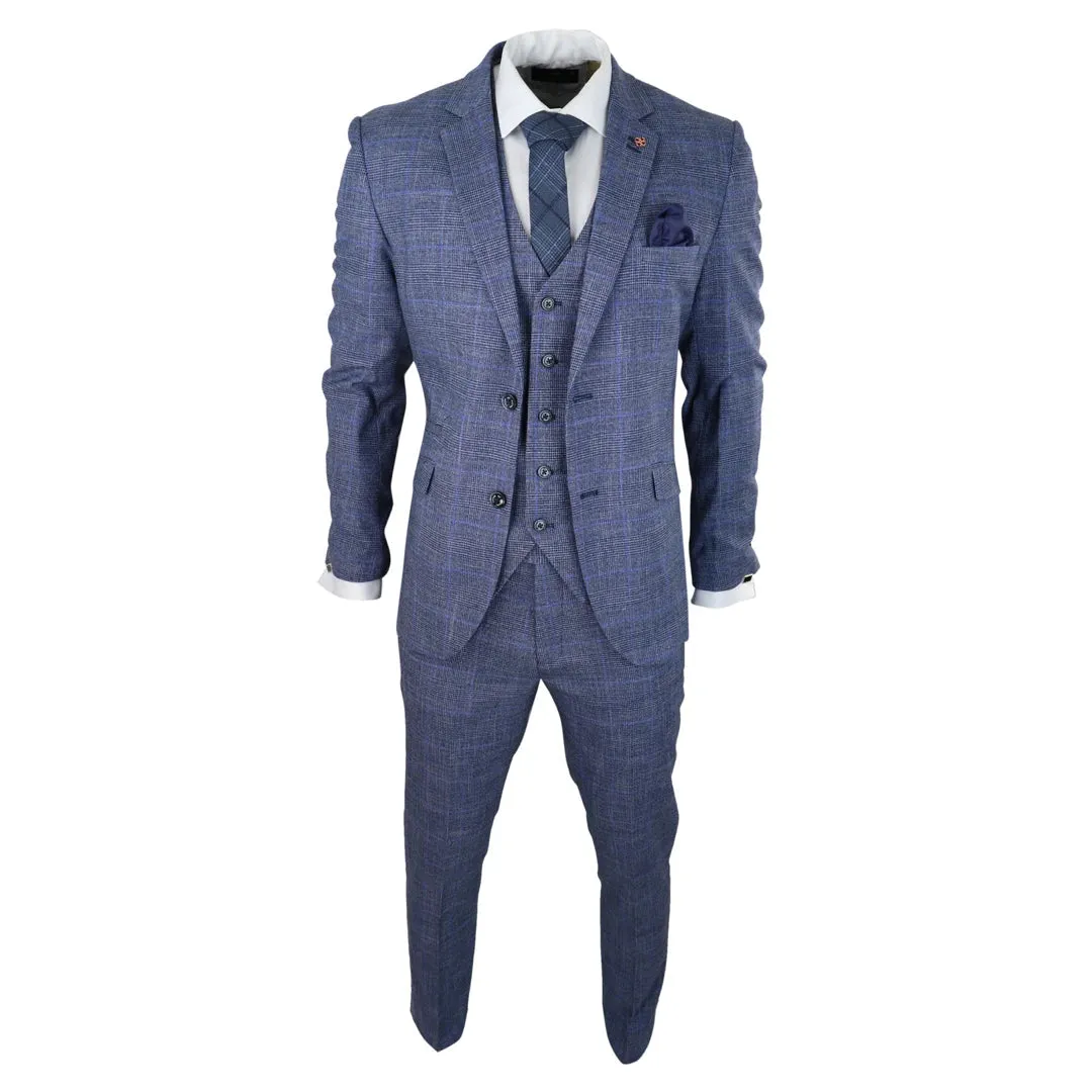 Phantom - Men's 3 Piece Suit Blue Prince Of Wales Check Summer Classic