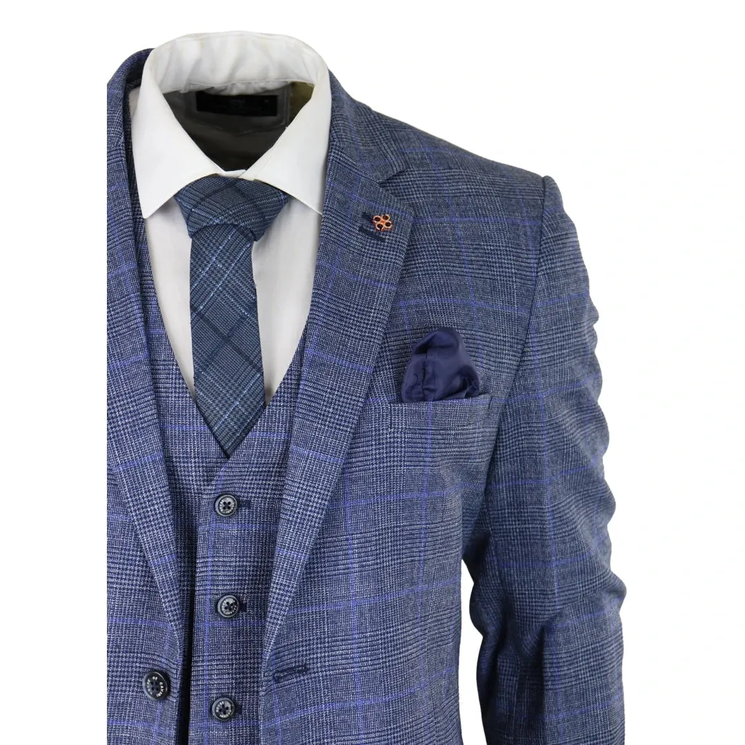 Phantom - Men's 3 Piece Suit Blue Prince Of Wales Check Summer Classic