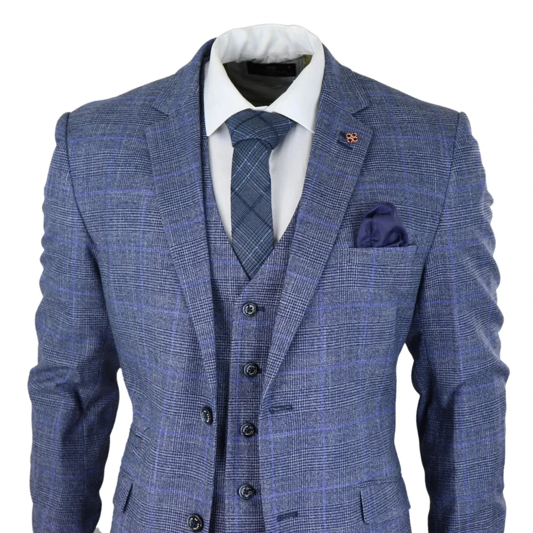 Phantom - Men's 3 Piece Suit Blue Prince Of Wales Check Summer Classic