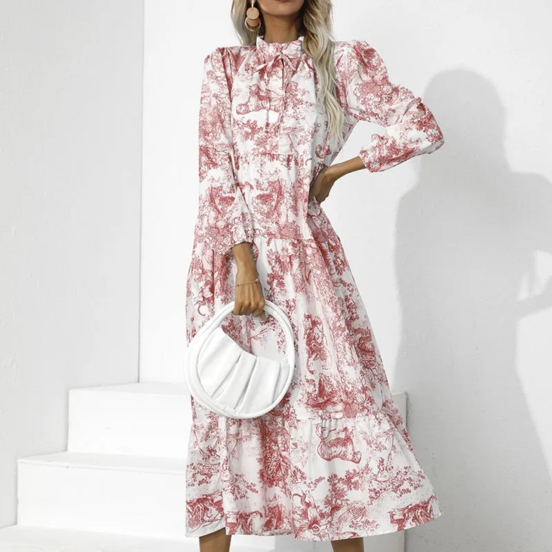 Purpdrank - Women O Neck Lace Up Ruffle Holiday Sundress Casual Pleated High Waist Hem Maxi Dress Floral Printed Long Sleeve Elegant Dresses