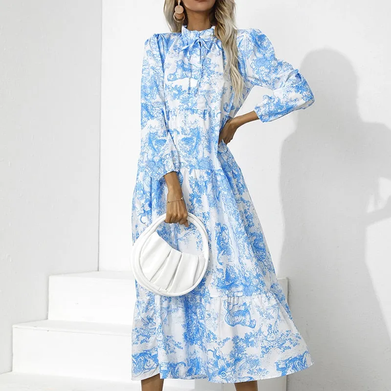 Purpdrank - Women O Neck Lace Up Ruffle Holiday Sundress Casual Pleated High Waist Hem Maxi Dress Floral Printed Long Sleeve Elegant Dresses