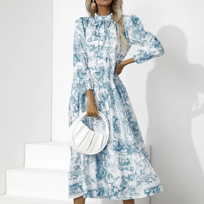 Purpdrank - Women O Neck Lace Up Ruffle Holiday Sundress Casual Pleated High Waist Hem Maxi Dress Floral Printed Long Sleeve Elegant Dresses