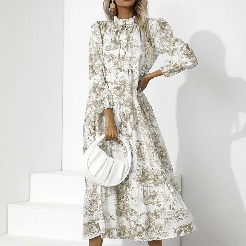 Purpdrank - Women O Neck Lace Up Ruffle Holiday Sundress Casual Pleated High Waist Hem Maxi Dress Floral Printed Long Sleeve Elegant Dresses