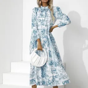 Purpdrank - Women O Neck Lace Up Ruffle Holiday Sundress Casual Pleated High Waist Hem Maxi Dress Floral Printed Long Sleeve Elegant Dresses