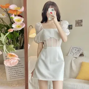 Sexy Lace Mesh White Dress Women Summer Elegant Evening Party Puff Sleeve Short Dresses Sundress Square Collar
