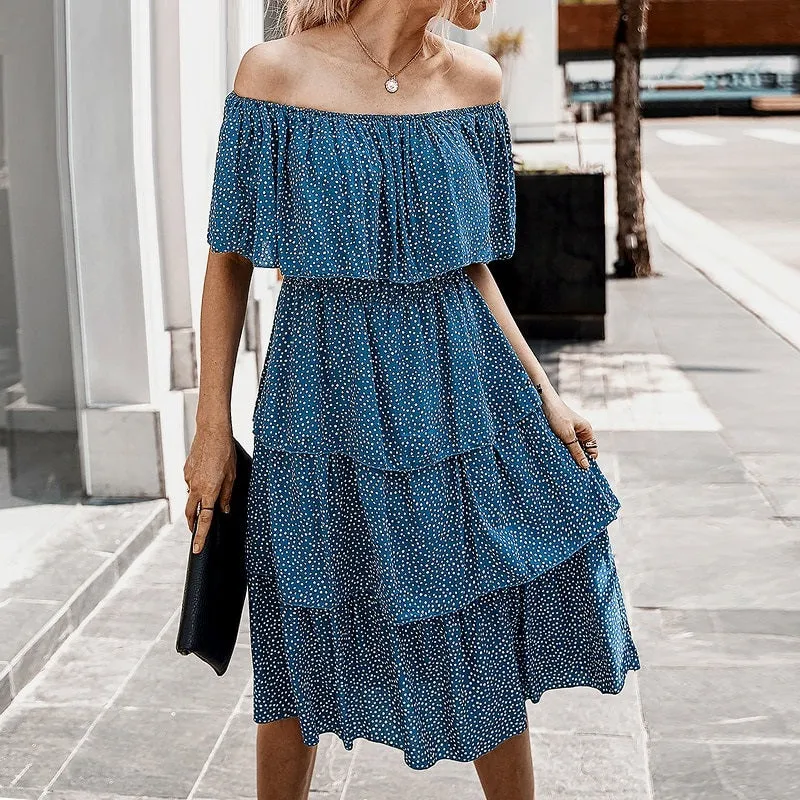 Sexy Off Shoulder Summer Elegant Dot Print Short Sleeve Cake Sundress Holiday Beach Midi Dress