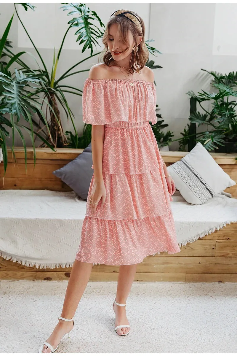 Sexy Off Shoulder Summer Elegant Dot Print Short Sleeve Cake Sundress Holiday Beach Midi Dress