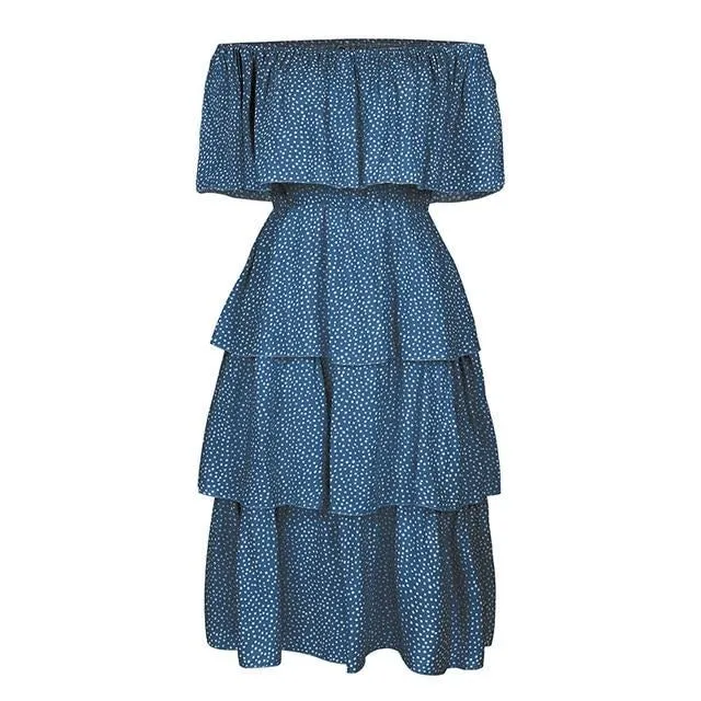 Sexy Off Shoulder Summer Elegant Dot Print Short Sleeve Cake Sundress Holiday Beach Midi Dress