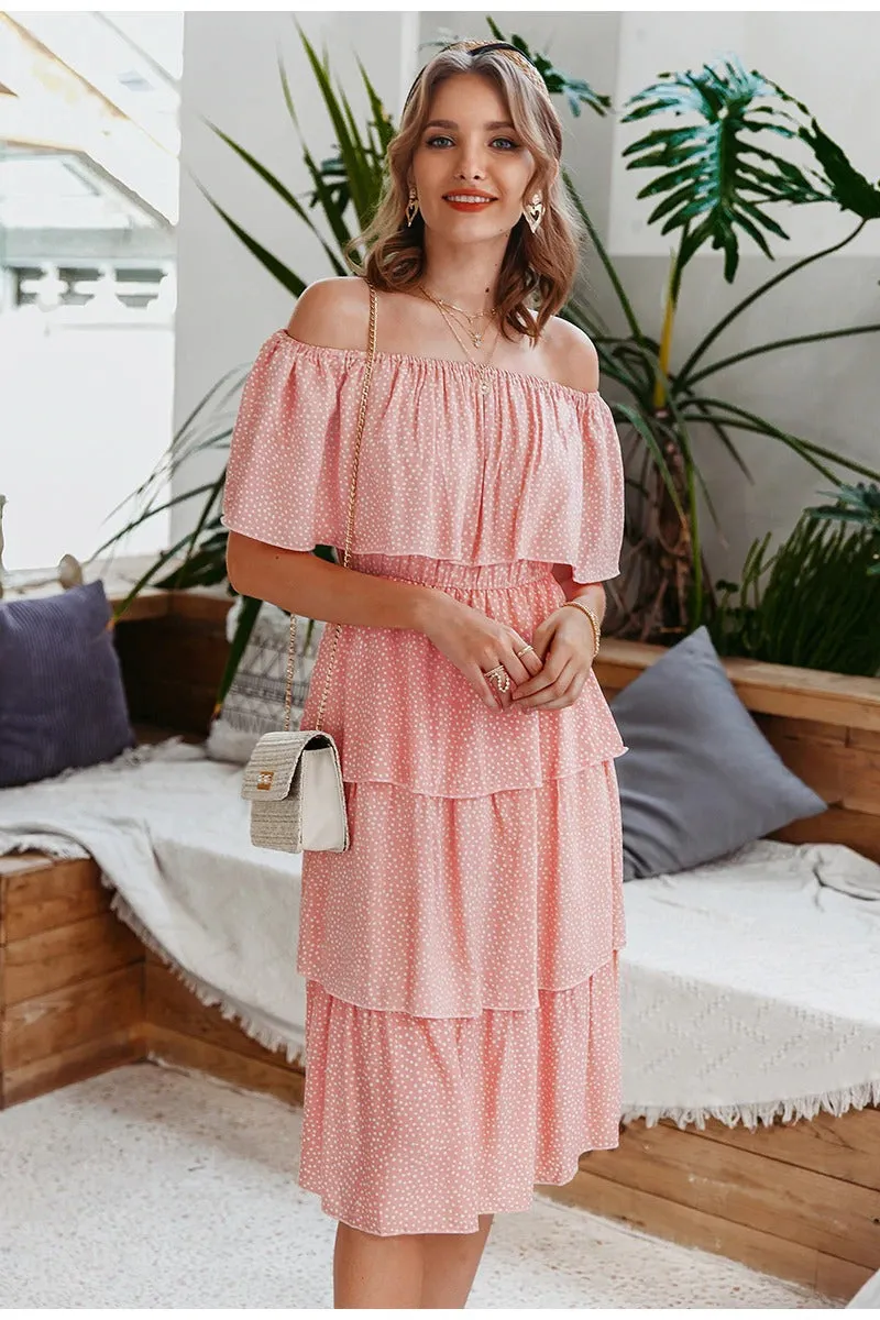 Sexy Off Shoulder Summer Elegant Dot Print Short Sleeve Cake Sundress Holiday Beach Midi Dress