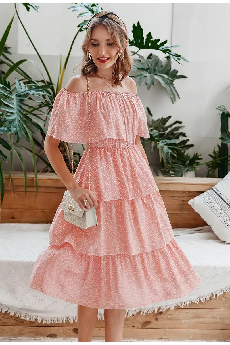 Sexy Off Shoulder Summer Elegant Dot Print Short Sleeve Cake Sundress Holiday Beach Midi Dress