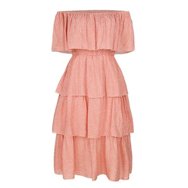 Sexy Off Shoulder Summer Elegant Dot Print Short Sleeve Cake Sundress Holiday Beach Midi Dress