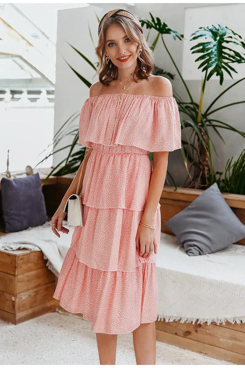 Sexy Off Shoulder Summer Elegant Dot Print Short Sleeve Cake Sundress Holiday Beach Midi Dress