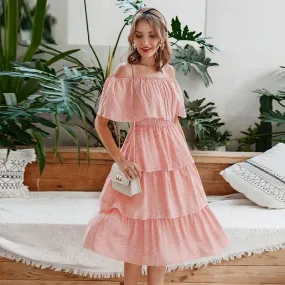 Sexy Off Shoulder Summer Elegant Dot Print Short Sleeve Cake Sundress Holiday Beach Midi Dress