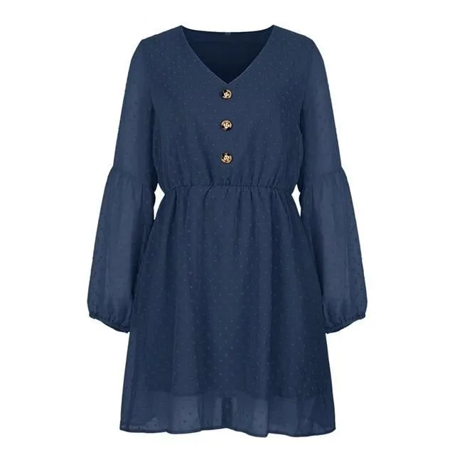 Sexy V-neck Buttons Summer Elegant Dot Print Lantern Sleeve Female Short Sundress Summer Mini Dress