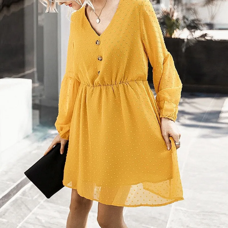 Sexy V-neck Buttons Summer Elegant Dot Print Lantern Sleeve Female Short Sundress Summer Mini Dress