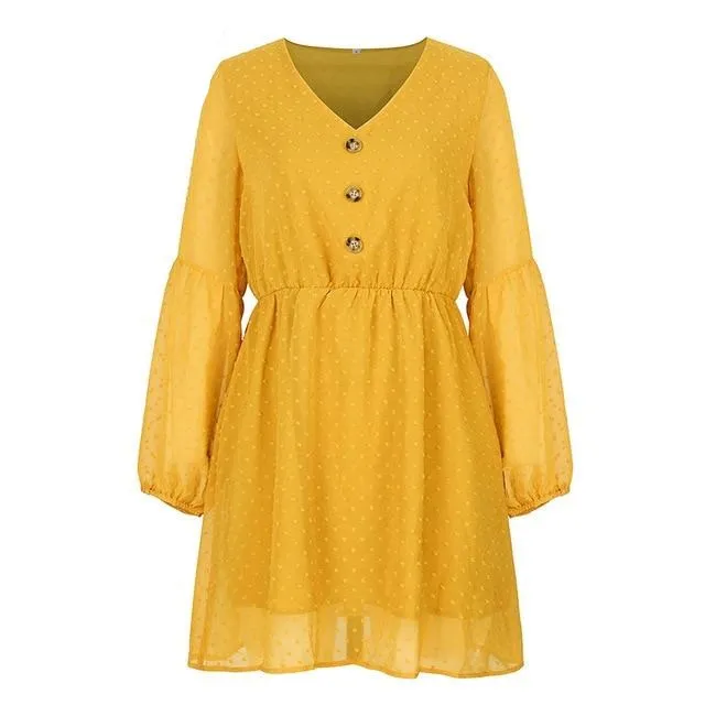 Sexy V-neck Buttons Summer Elegant Dot Print Lantern Sleeve Female Short Sundress Summer Mini Dress