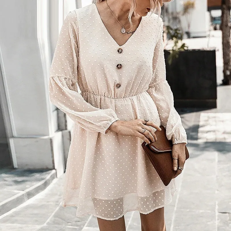 Sexy V-neck Buttons Summer Elegant Dot Print Lantern Sleeve Female Short Sundress Summer Mini Dress