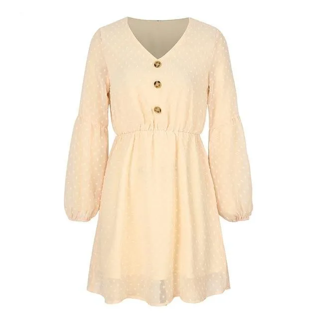 Sexy V-neck Buttons Summer Elegant Dot Print Lantern Sleeve Female Short Sundress Summer Mini Dress