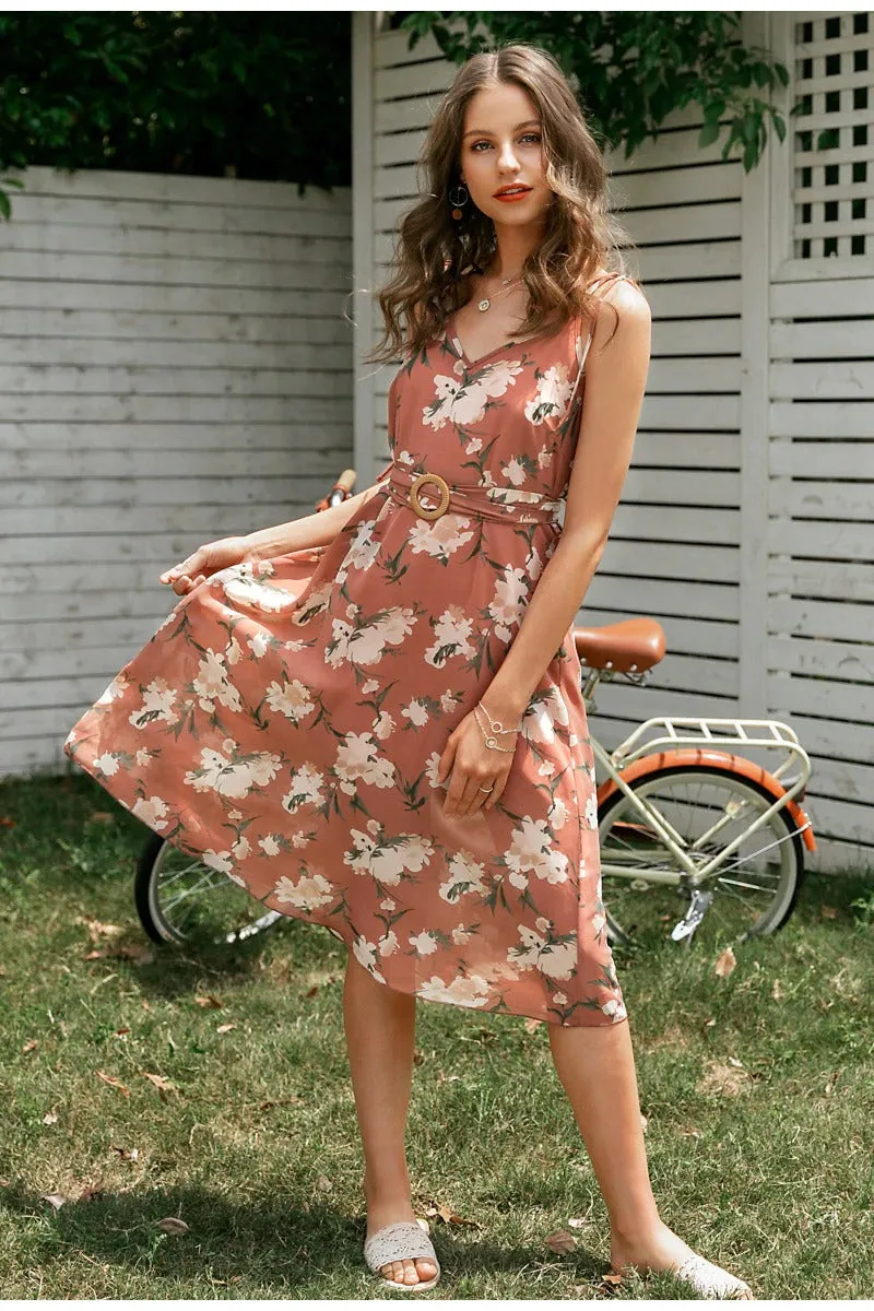 Sexy V-neck Spaghetti Bohemian Elegant High Waist Printing  Long Sundress