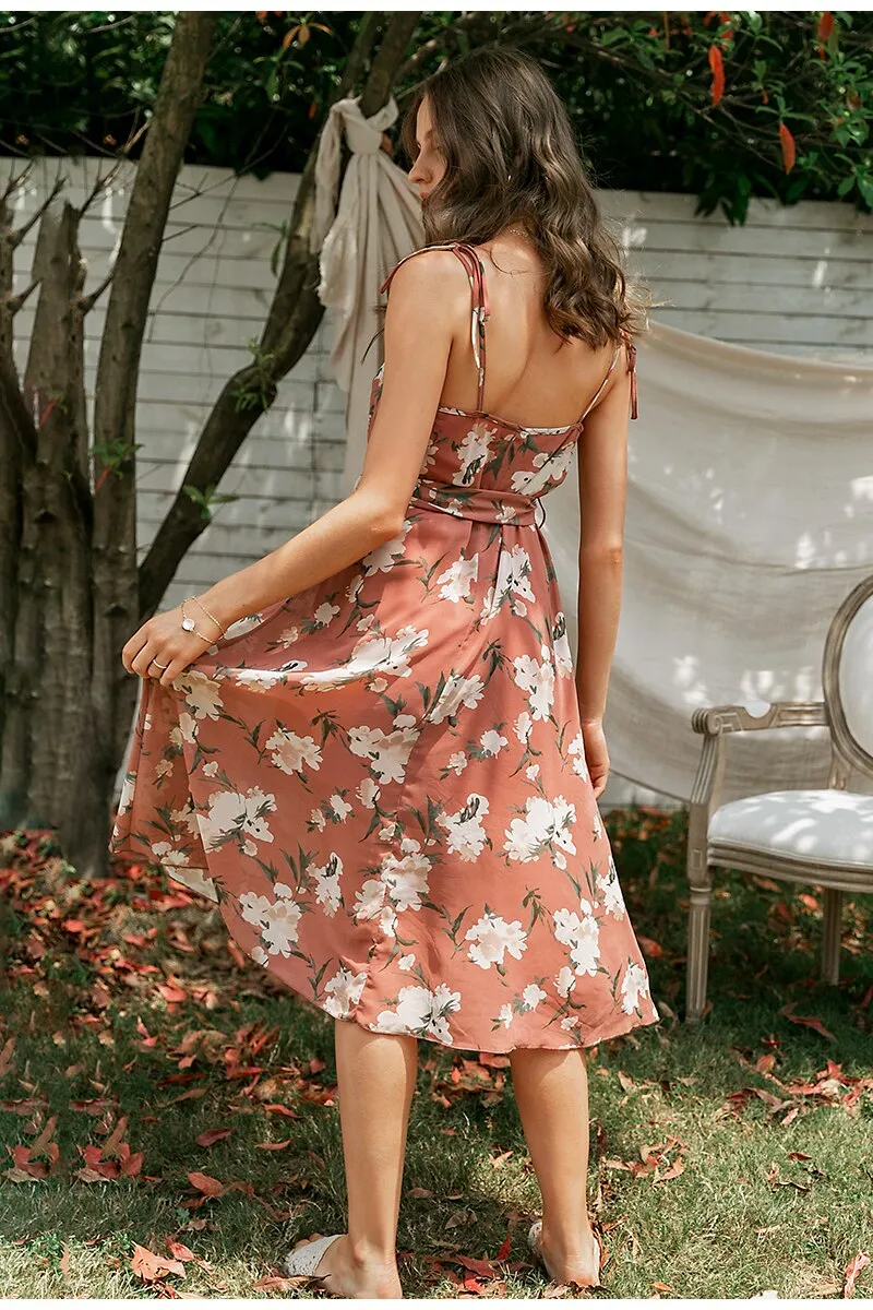 Sexy V-neck Spaghetti Bohemian Elegant High Waist Printing  Long Sundress