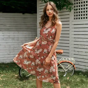 Sexy V-neck Spaghetti Bohemian Elegant High Waist Printing  Long Sundress