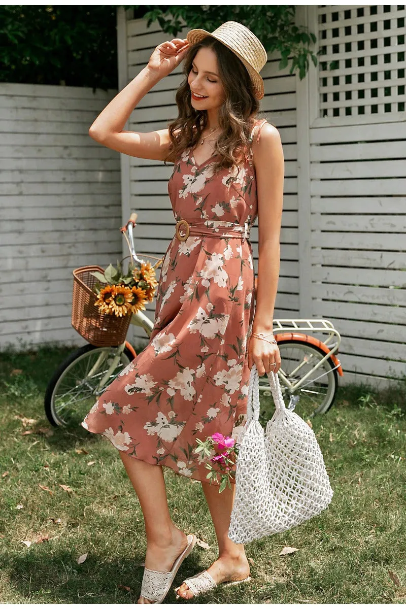 Sexy V-neck Spaghetti Bohemian Elegant High Waist Printing  Long Sundress