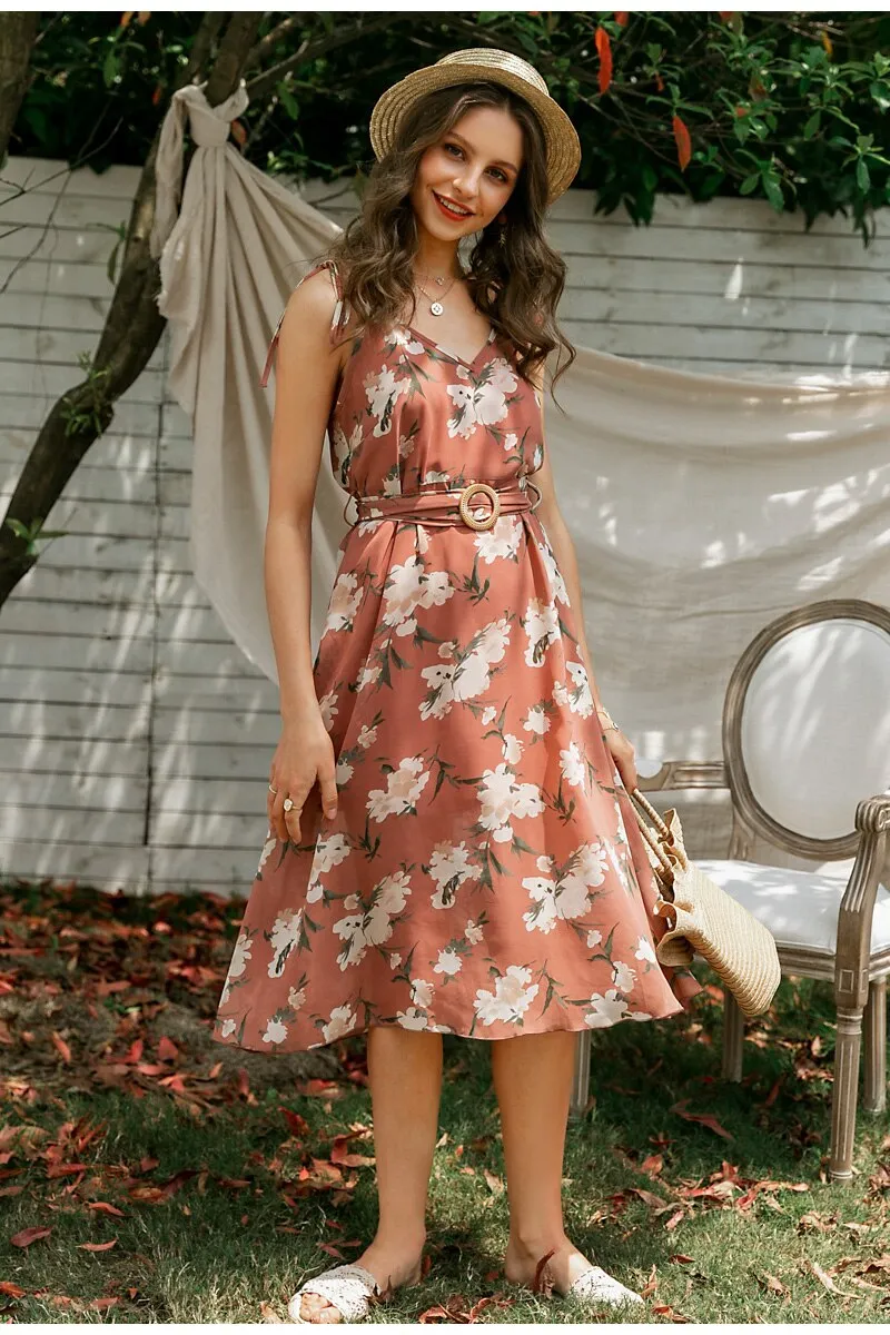 Sexy V-neck Spaghetti Bohemian Elegant High Waist Printing  Long Sundress