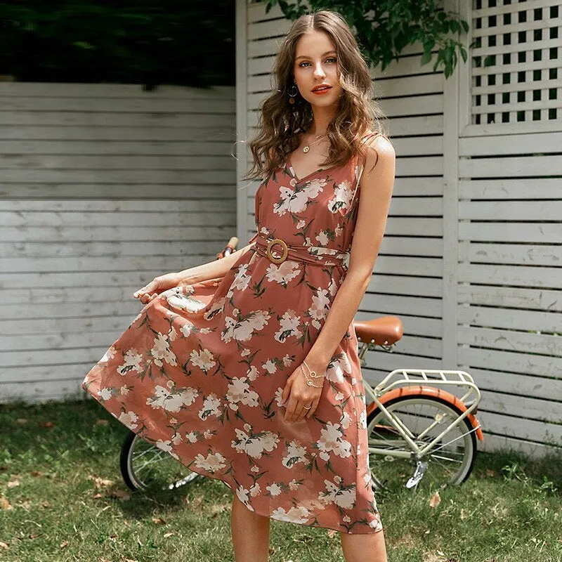 Sexy V-neck Spaghetti Bohemian Elegant High Waist Printing  Long Sundress