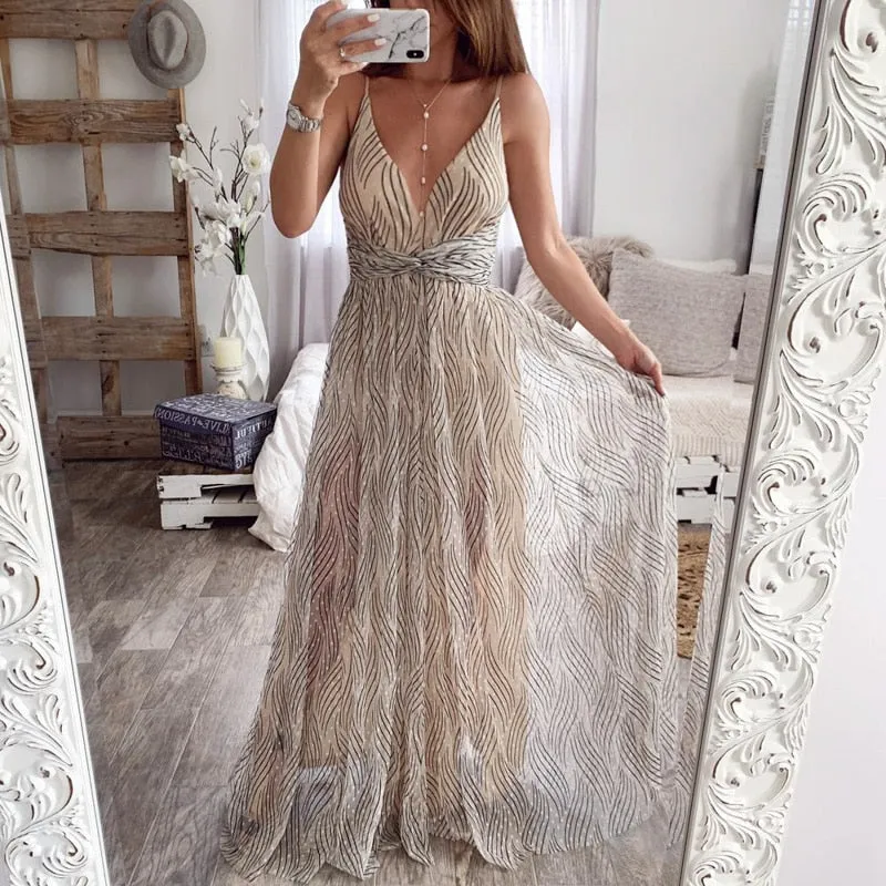 Sexy V-neck Spaghetti Strap Elegant Striped Long Sundress Summer Style Maxi Dress