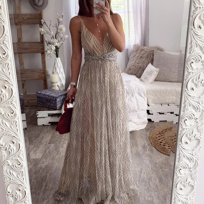 Sexy V-neck Spaghetti Strap Elegant Striped Long Sundress Summer Style Maxi Dress