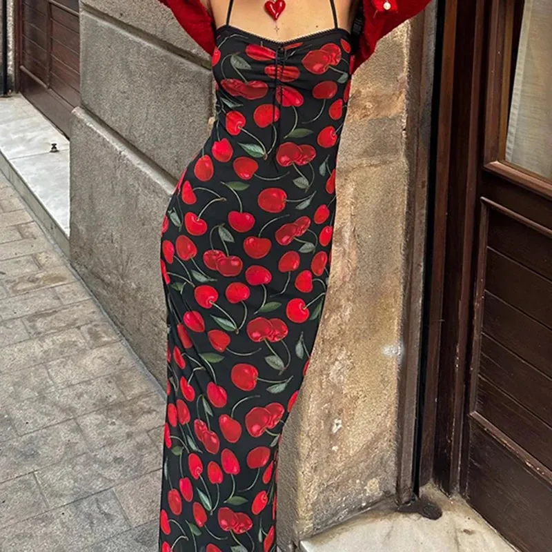 Spaghetti Strap Elegant Summer Long Dress Cherry Printed Fashion Folds Beach Holidays Sundress Sexy Women's Dresses